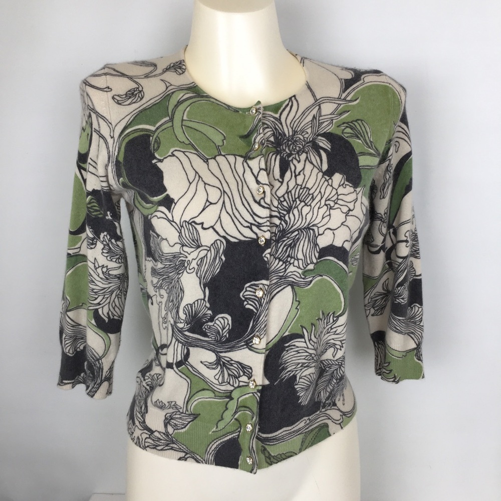 Ann Taylor Lambswool Angora Blend Cardigan Sweater Green Floral Women’s Size LP - Picture 10 of 11